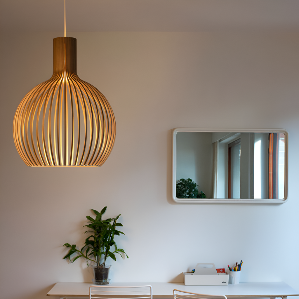 Skandinavisk Pendel Lampe i Træ - Lameldesign til Spisebord 4
