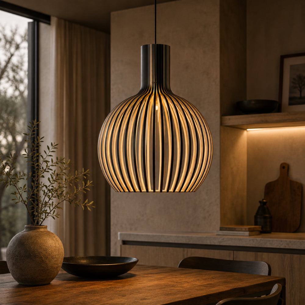 Skandinavisk Pendel Lampe i Træ – Lameldesign til Spisebord 6