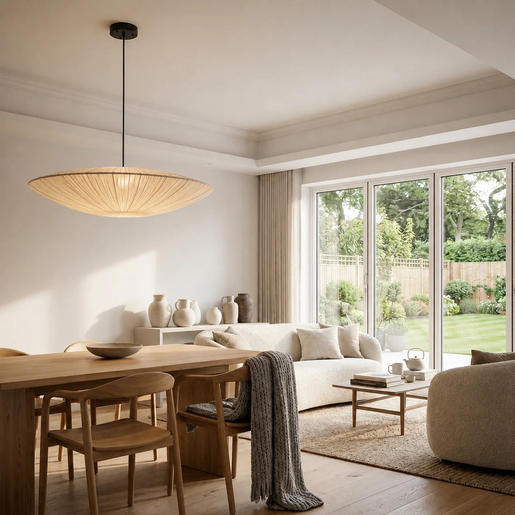 Skiveformet Japansk Pendellampe i Stof 1
