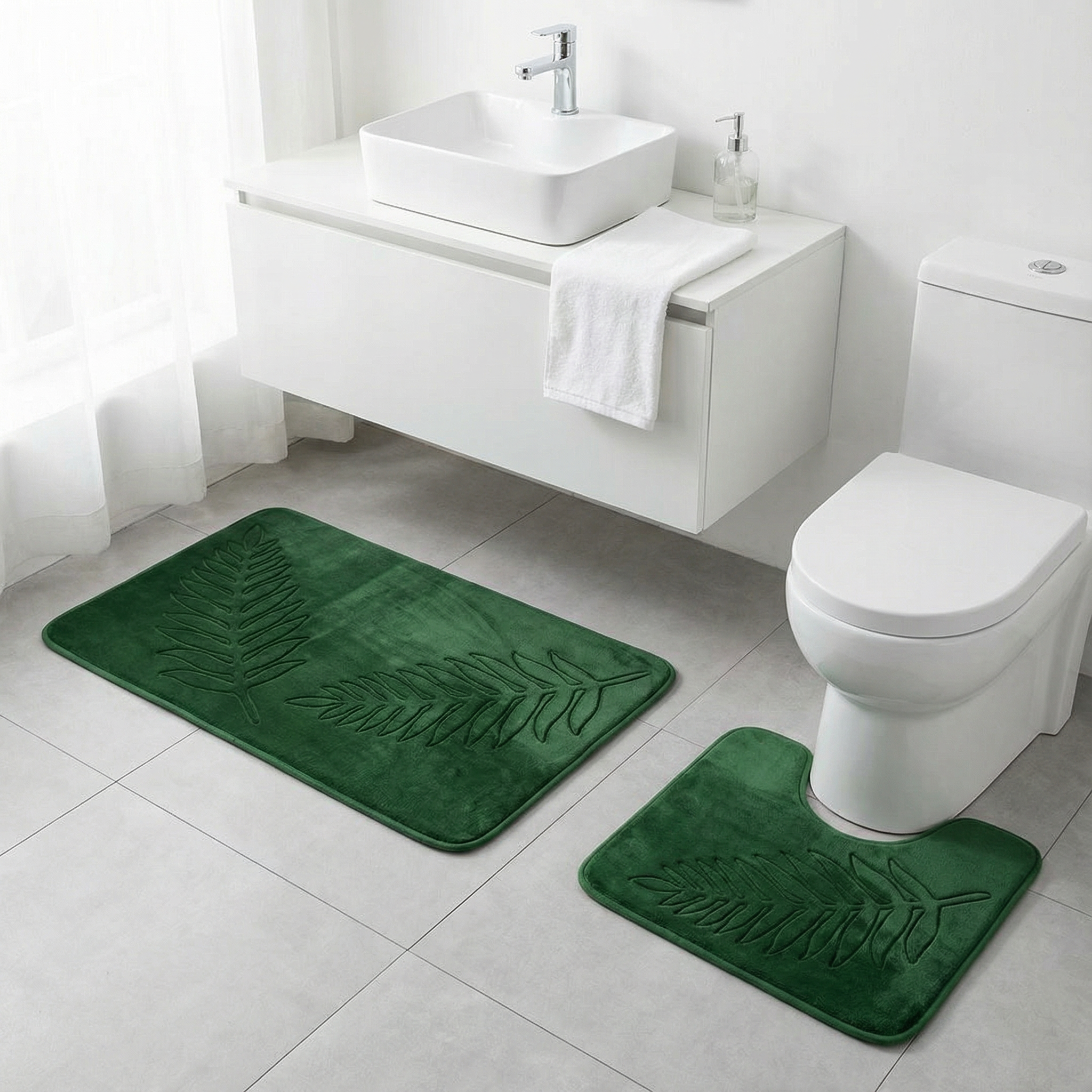 Skridsikker Bademåttesæt – Skandinavisk med Bladmotiv i Flannel-velour og Memory Foam 3
