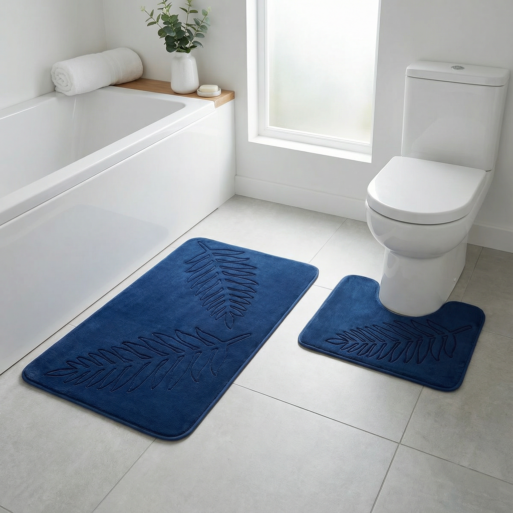 Skridsikker Bademåttesæt – Skandinavisk med Bladmotiv i Flannel-velour og Memory Foam 4