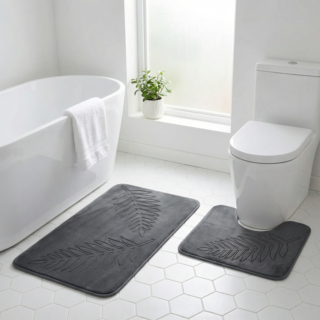 Skridsikker Bademåttesæt – Skandinavisk med Bladmotiv i Flannel-velour og Memory Foam 5