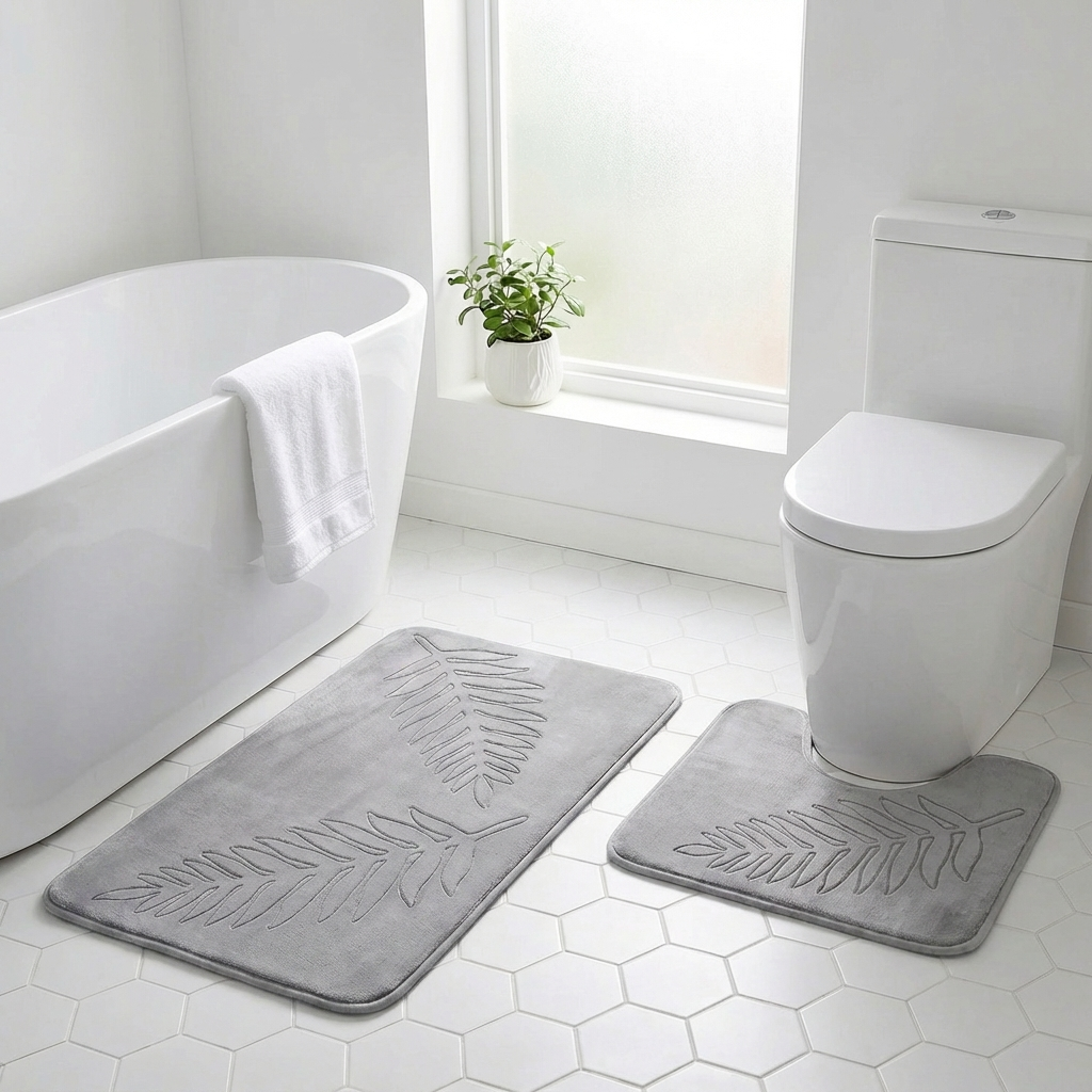 Skridsikker Bademåttesæt – Skandinavisk med Bladmotiv i Flannel-velour og Memory Foam 6