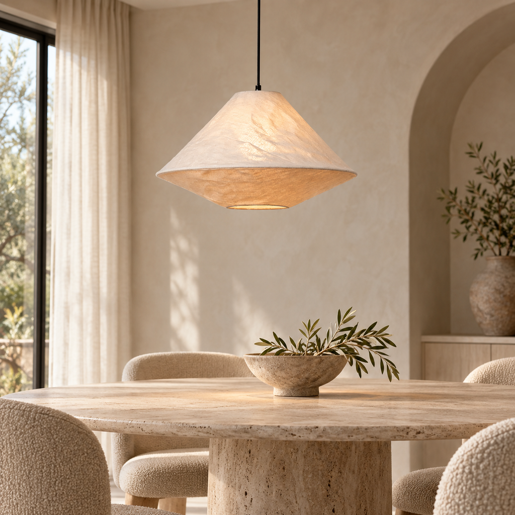 Spisebordslampe i Linnedgrå Stof – Skulpturel Pendel med Diffust Lys 0