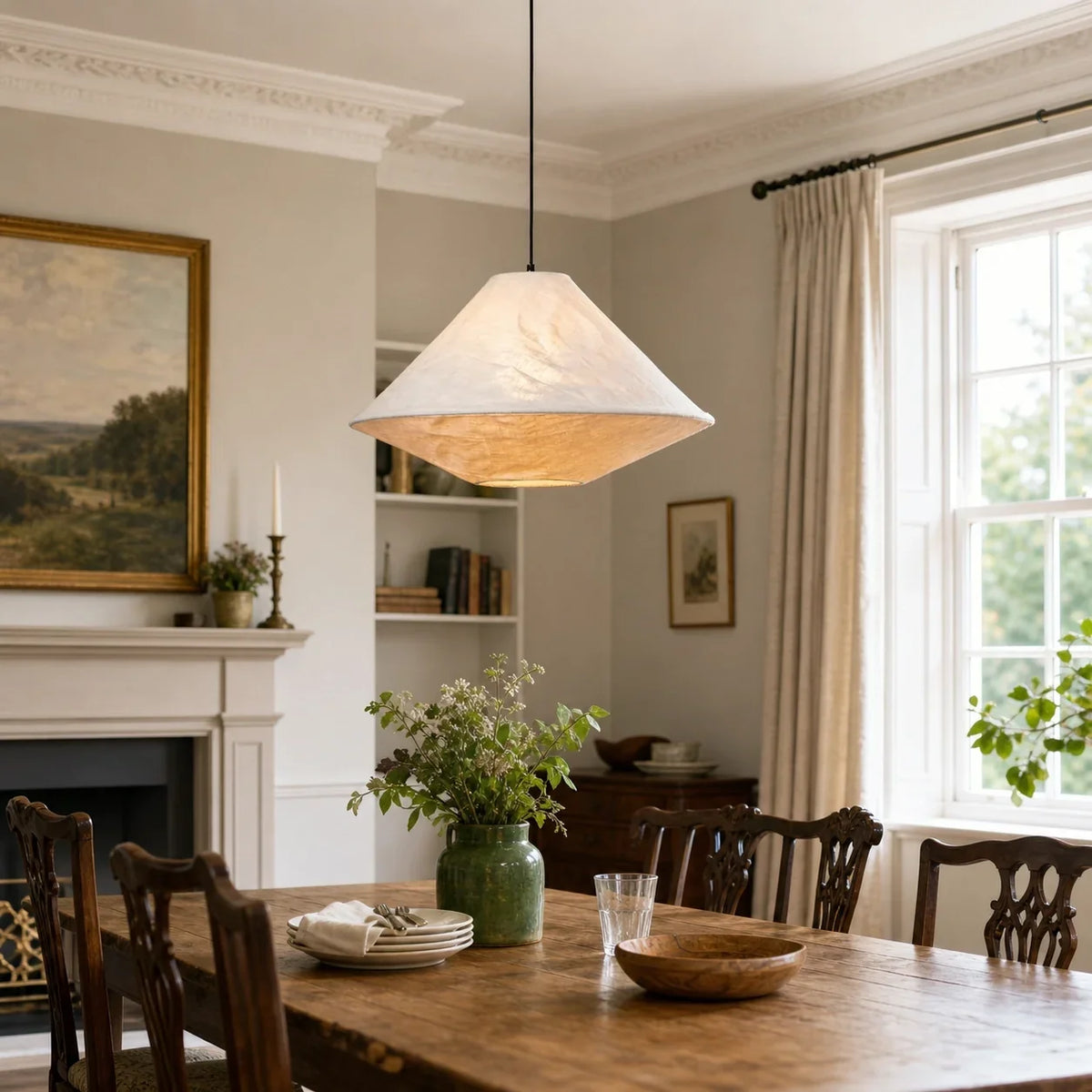 Spisebordslampe i Linnedgrå Stof – Skulpturel Pendel med Diffust Lys 5