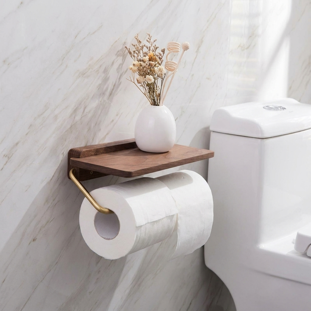 Toiletpapirholder i Massivt Valnøddetræ med Integreret Hylde 0