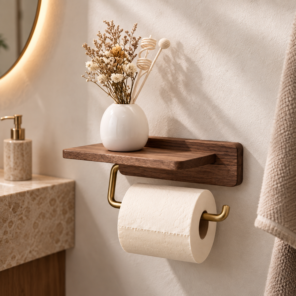Toiletpapirholder i Massivt Valnøddetræ med Integreret Hylde 6