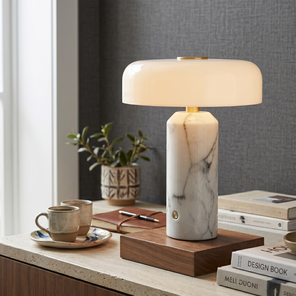 Trådløs bordlampe i marmor med opal skærm og touch kontrol - moderne indendørs belysning 8