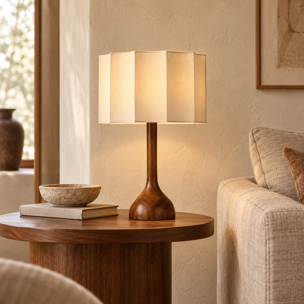 Træbordlampe i Wabi-Sabi-stil med LED og Stofskærm til Stue 0