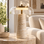 Travertin Glas Bordlampe med Organisk Design og Naturlig Finish 0
