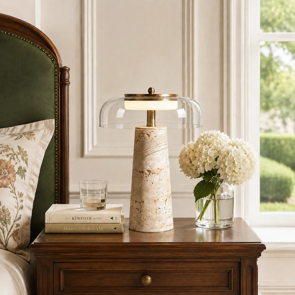Travertin Glas Bordlampe med Organisk Design og Naturlig Finish 2