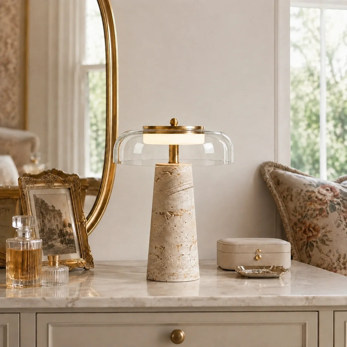 Travertin Glas Bordlampe med Organisk Design og Naturlig Finish 4