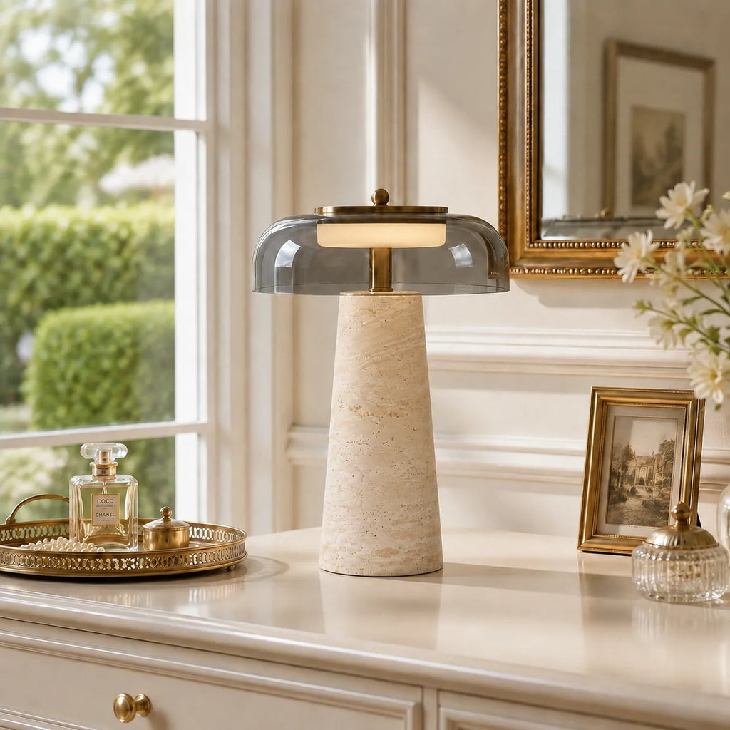 Travertin Glas Bordlampe med Organisk Design og Naturlig Finish 5