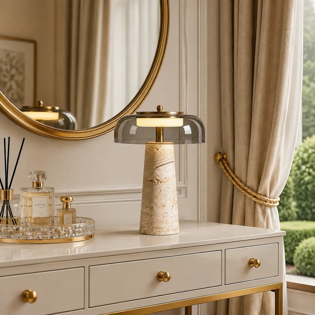 Travertin Glas Bordlampe med Organisk Design og Naturlig Finish 6