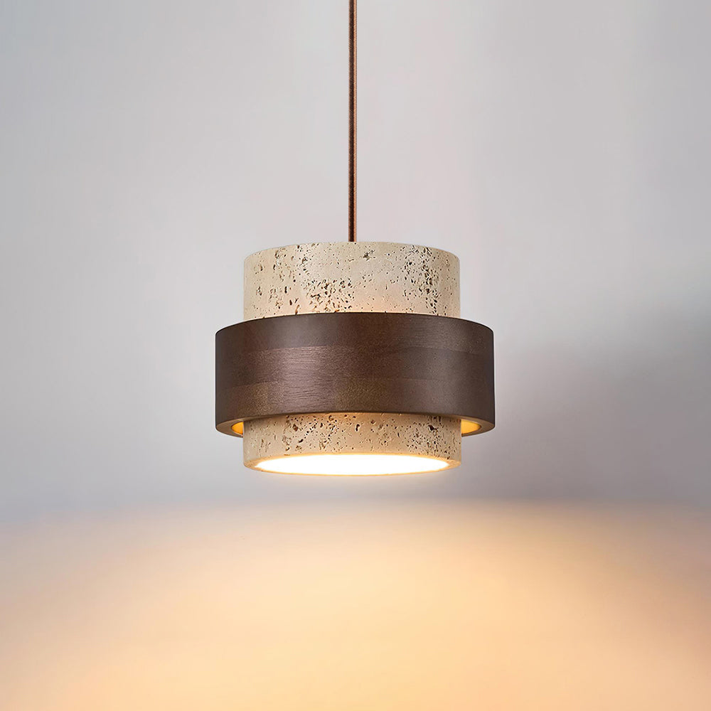Travertin Pendel Lampe - Cylindrisk Design med Valnøddetræ og Justerbar Højde 0
