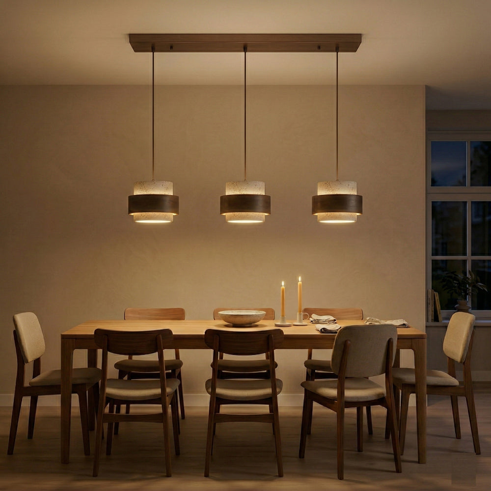 Travertin Pendel Lampe - Cylindrisk Design med Valnøddetræ og Justerbar Højde 1
