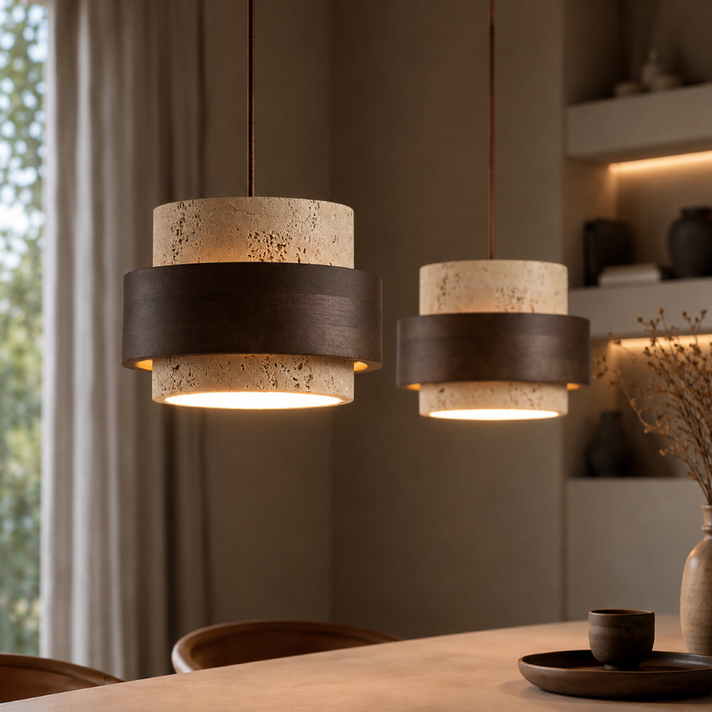 Travertin Pendel Lampe - Cylindrisk Design med Valnøddetræ og Justerbar Højde 11