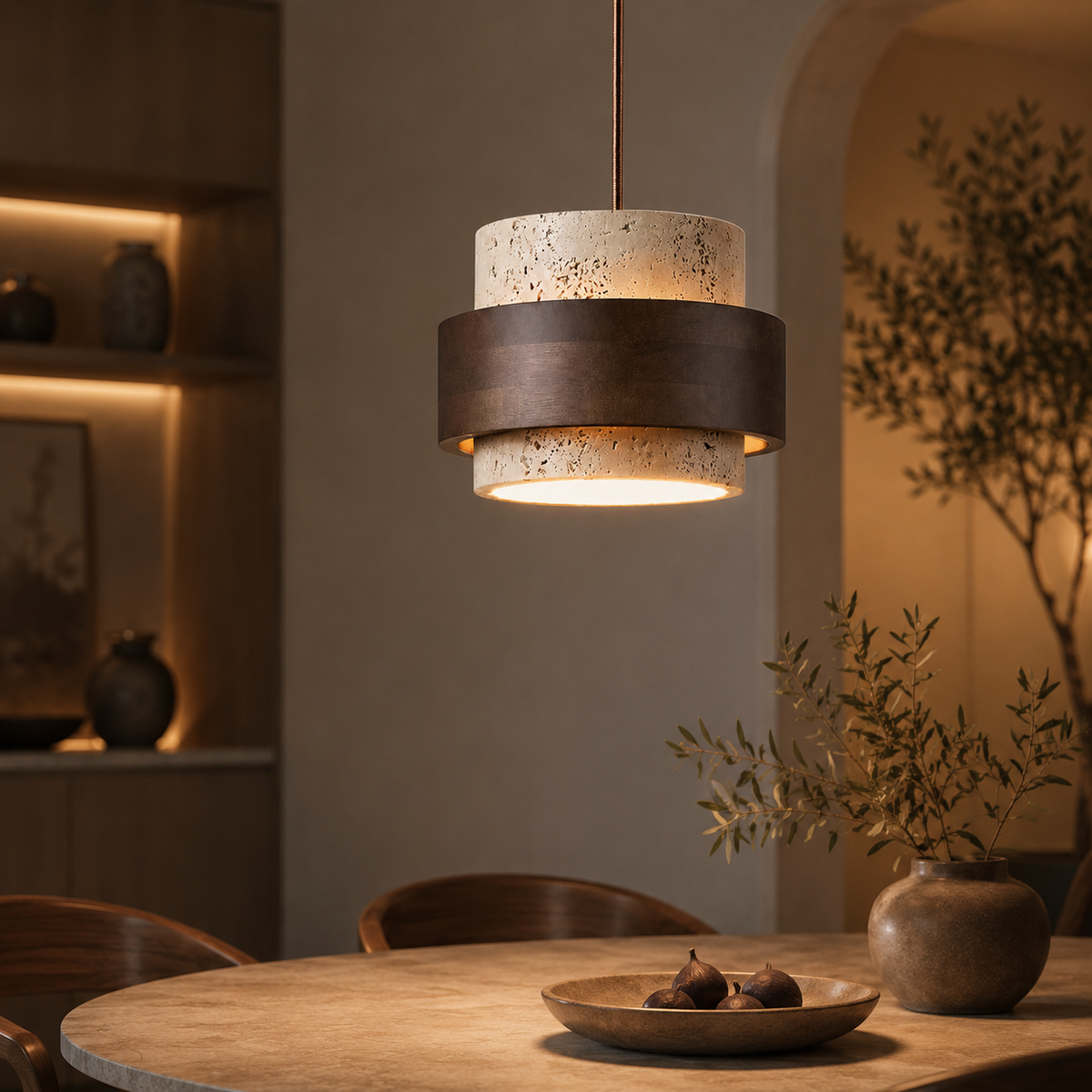 Travertin Pendel Lampe - Cylindrisk Design med Valnøddetræ og Justerbar Højde 12