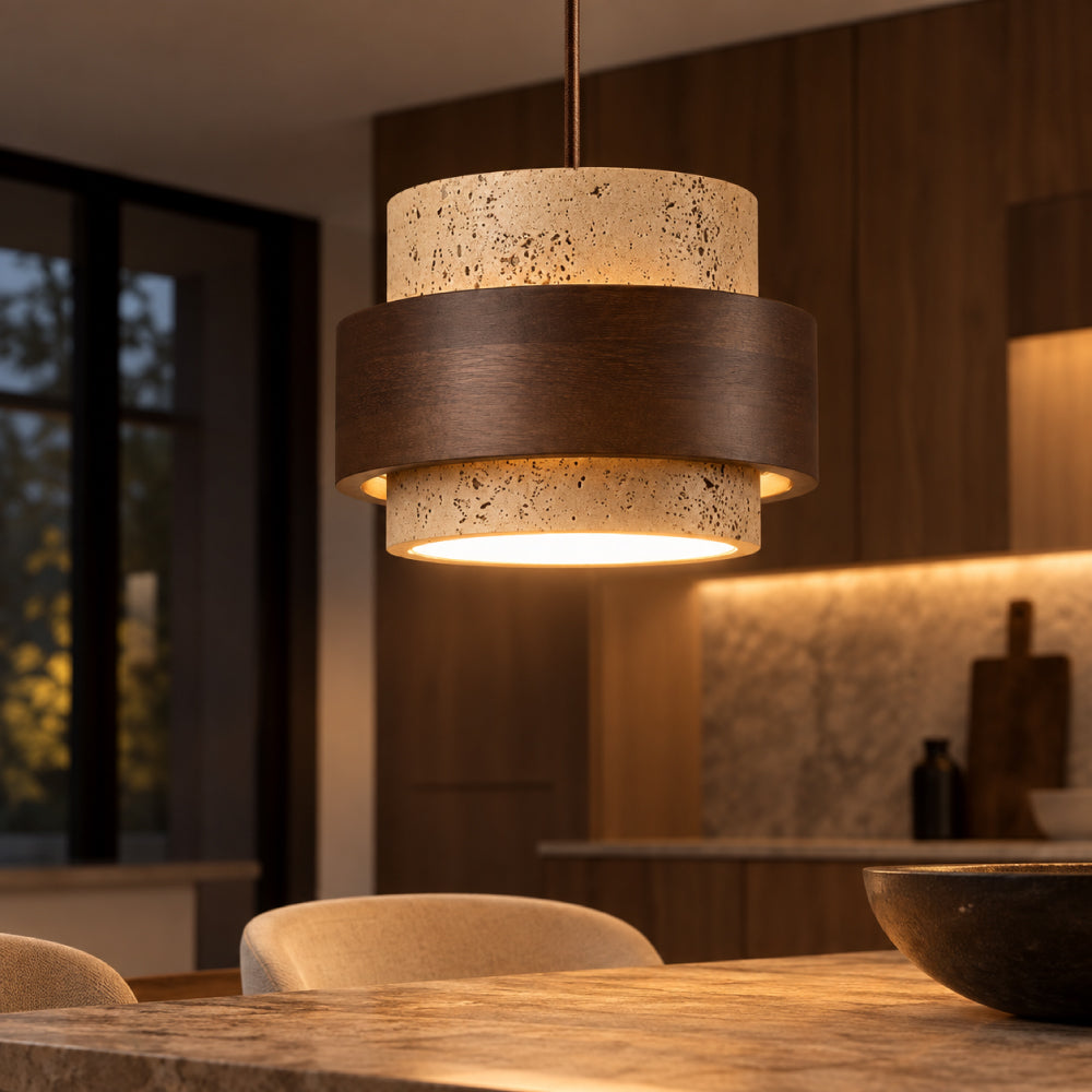 Travertin Pendel Lampe - Cylindrisk Design med Valnøddetræ og Justerbar Højde 13