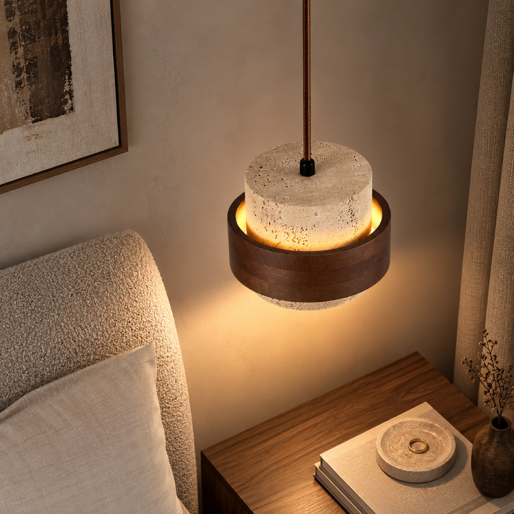 Travertin Pendel Lampe - Cylindrisk Design med Valnøddetræ og Justerbar Højde 14