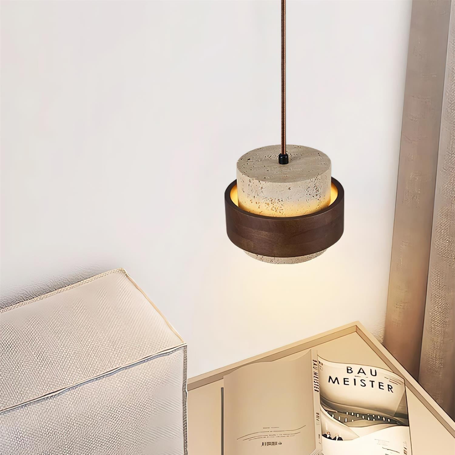 Travertin Pendel Lampe - Cylindrisk Design med Valnøddetræ og Justerbar Højde 2
