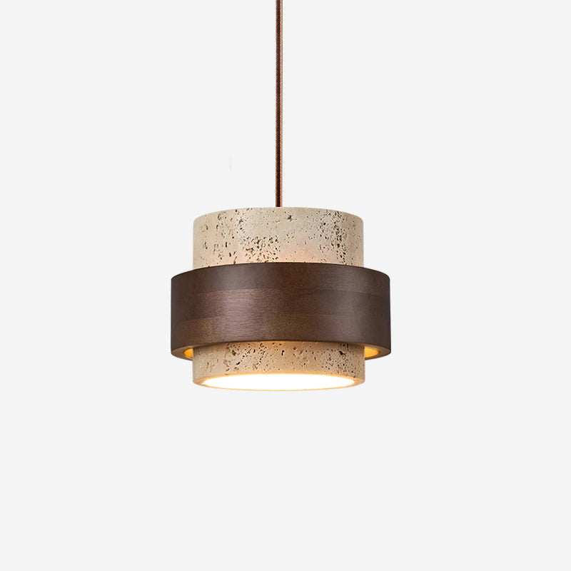 Travertin Pendel Lampe - Cylindrisk Design med Valnøddetræ og Justerbar Højde 3
