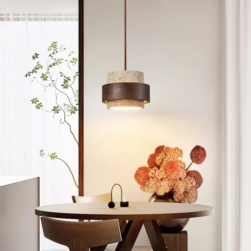 Travertin Pendel Lampe - Cylindrisk Design med Valnøddetræ og Justerbar Højde 5

