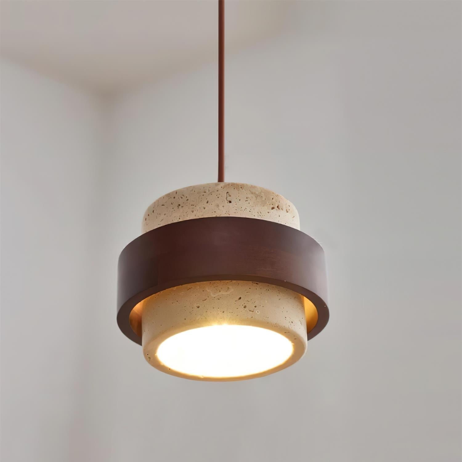 Travertin Pendel Lampe - Cylindrisk Design med Valnøddetræ og Justerbar Højde 6
