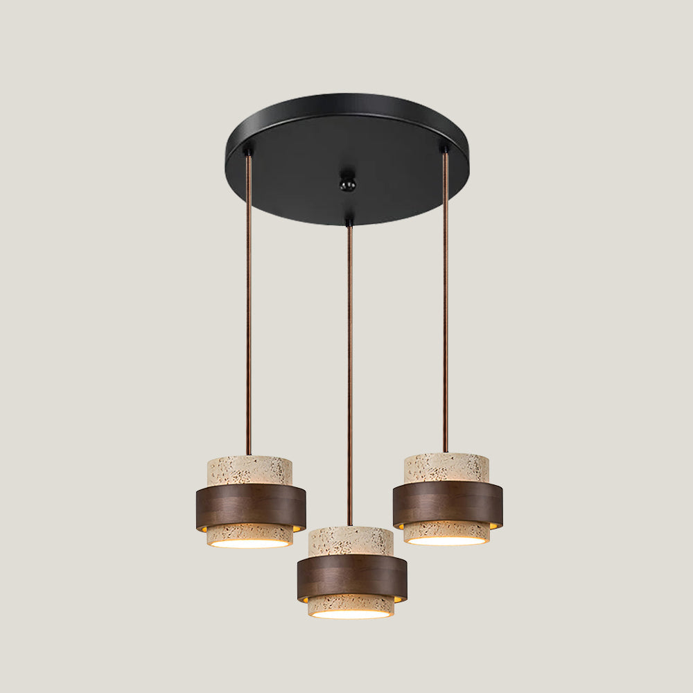 Travertin Pendel Lampe - Cylindrisk Design med Valnøddetræ og Justerbar Højde 8
