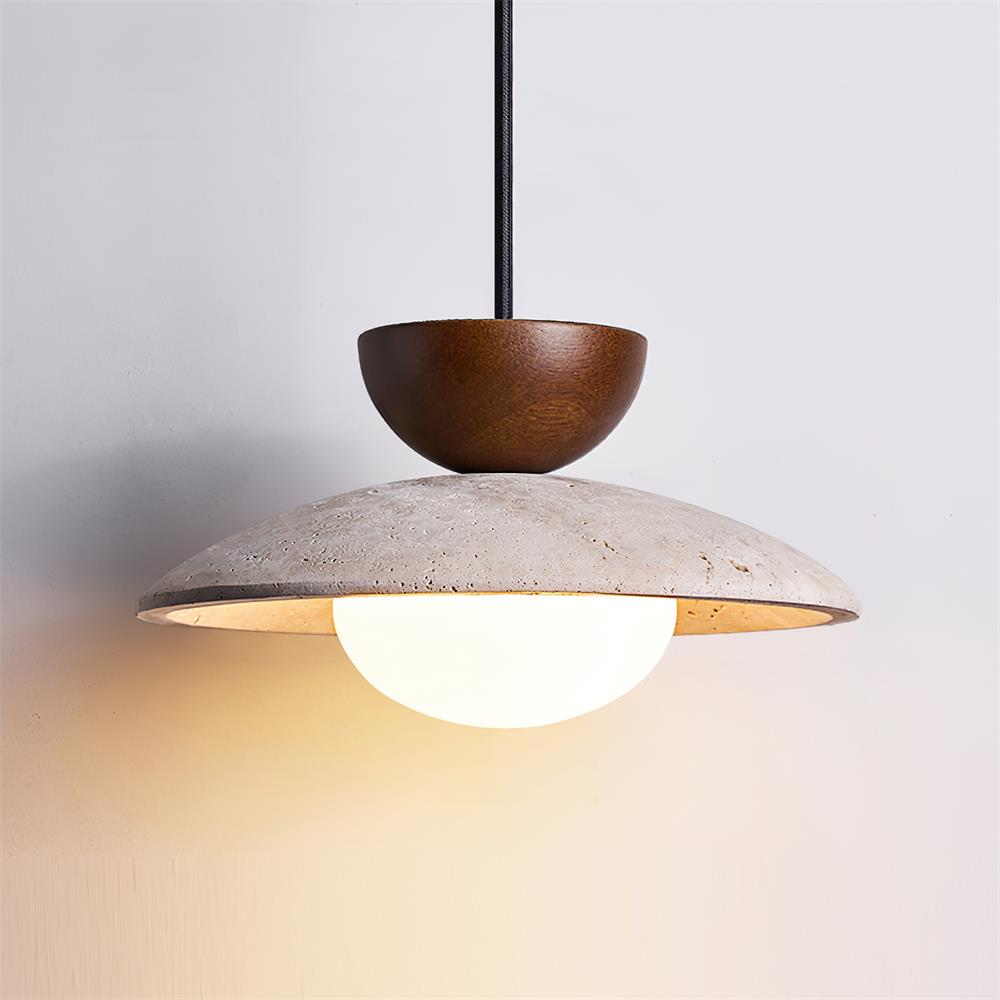 Travertin Pendel Lampe - Hvid Glaskugle Justerbar Højde 0
