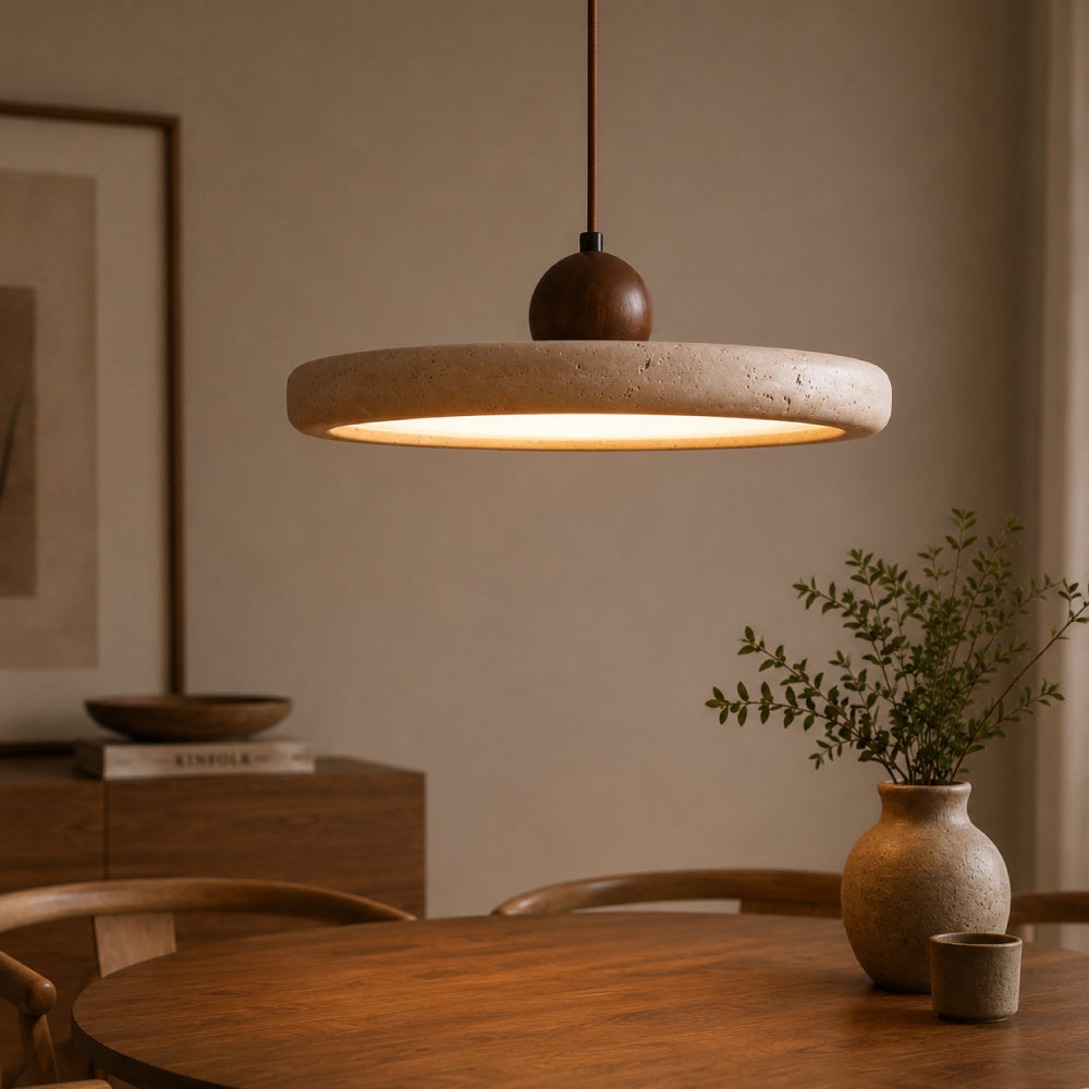 Travertin Pendel Lampe - Rundt Design med Trædetaljer 0
