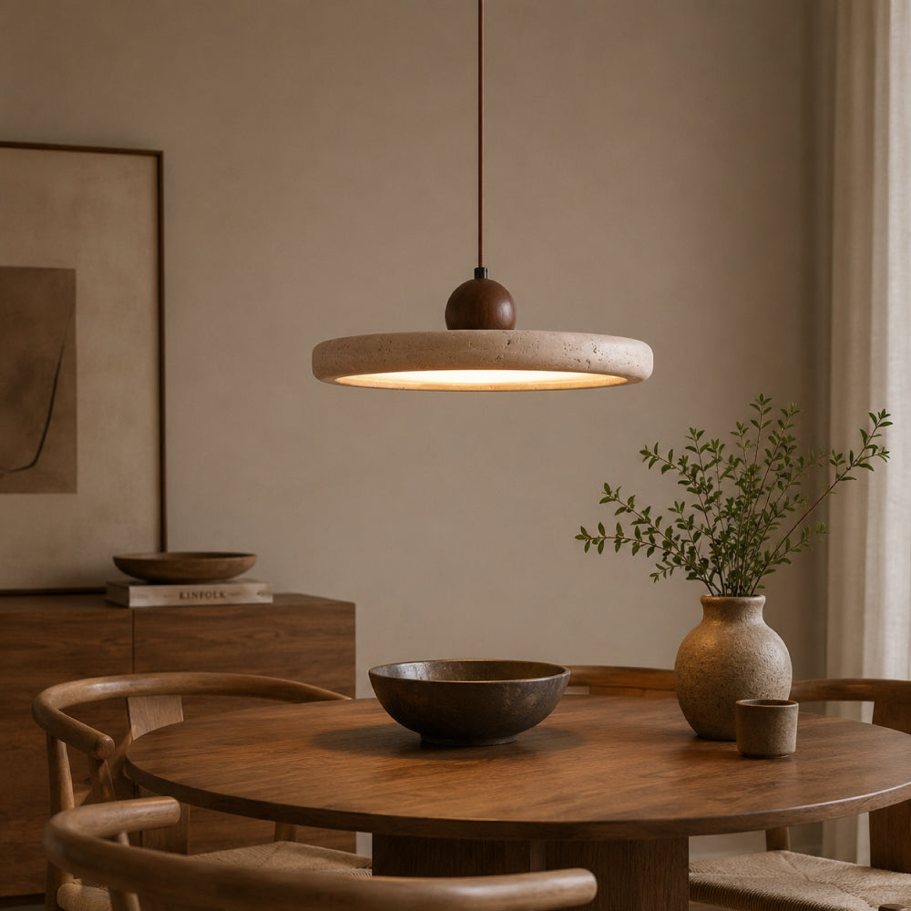 Travertin Pendel Lampe - Rundt Design med Trædetaljer 1
