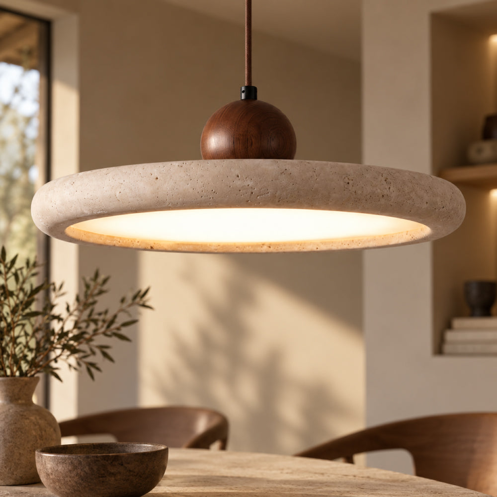 Travertin Pendel Lampe - Rundt Design med Trædetaljer 11