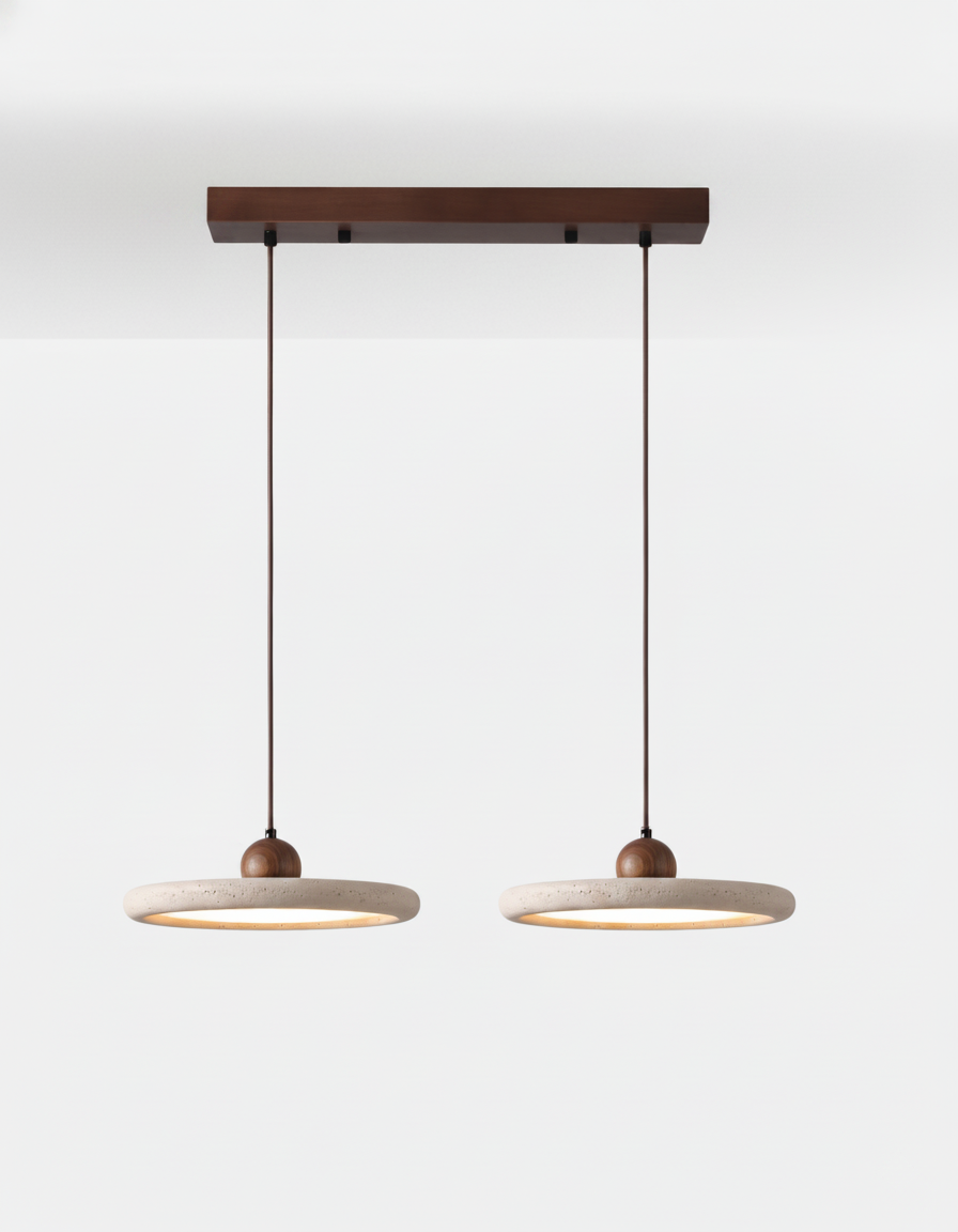Travertin Pendel Lampe - Rundt Design med Trædetaljer 4
