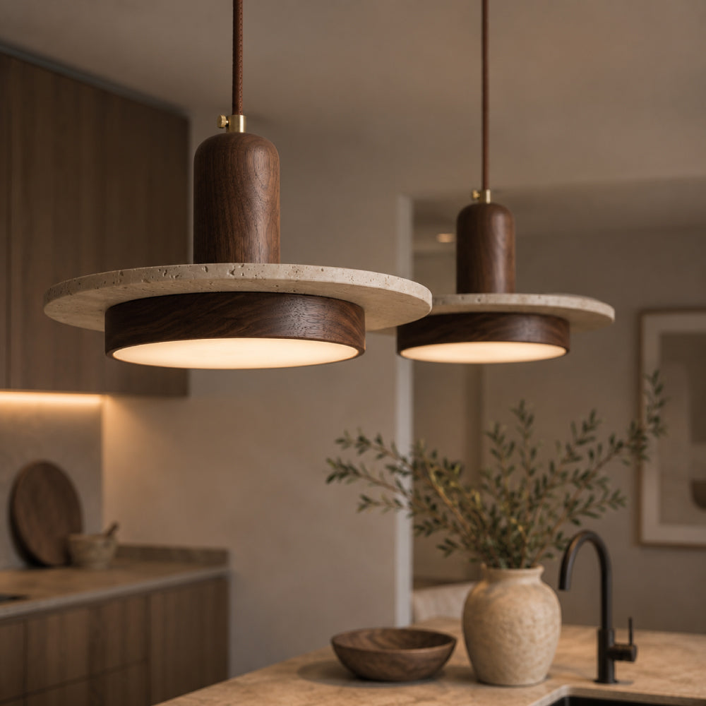 Travertin Pendel Lampe - Skandinavisk Design med Trædetaljer til Spisebord 0
