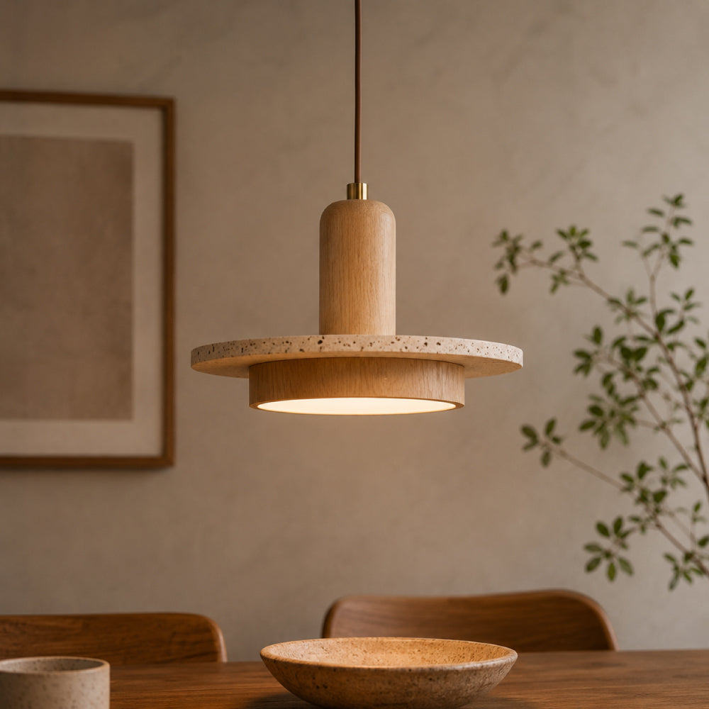Travertin Pendel Lampe - Skandinavisk Design med Trædetaljer til Spisebord 1
