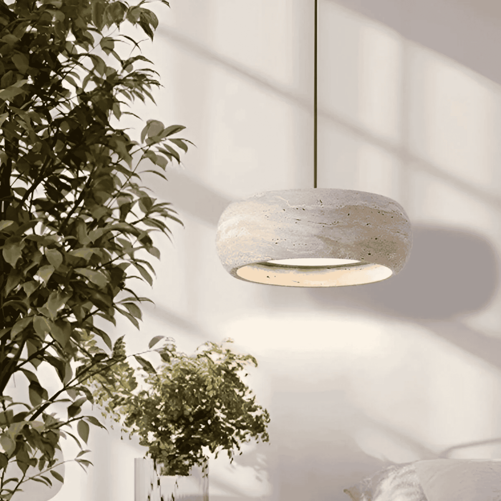 Travertin Pendel Lampe - Skulpturel Sten med Blød Glød 8
