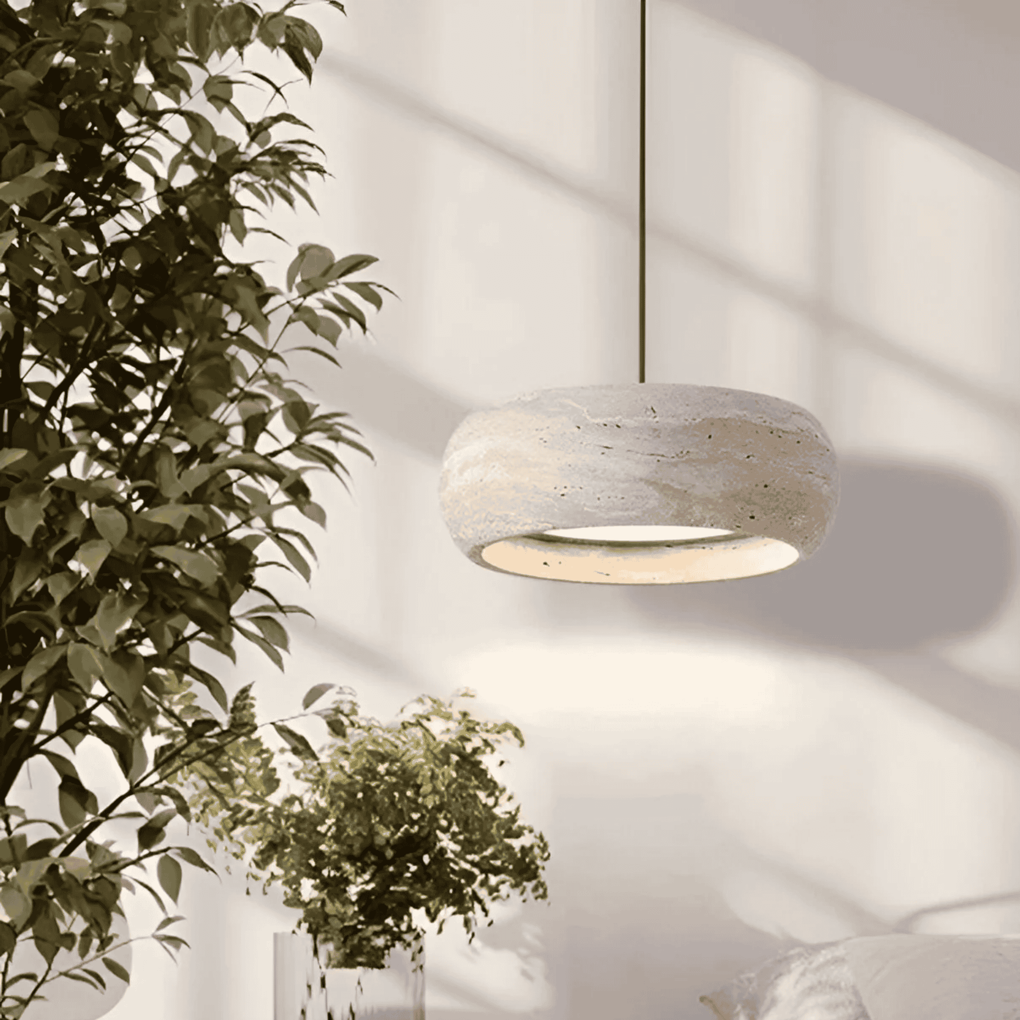 Travertin Pendel Lampe - Skulpturel Sten med Blød Glød 8
