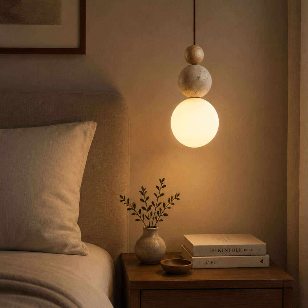 Travertin Pendel Lampe - Tre Stablede Kugler i Skulpturelt Design 1
