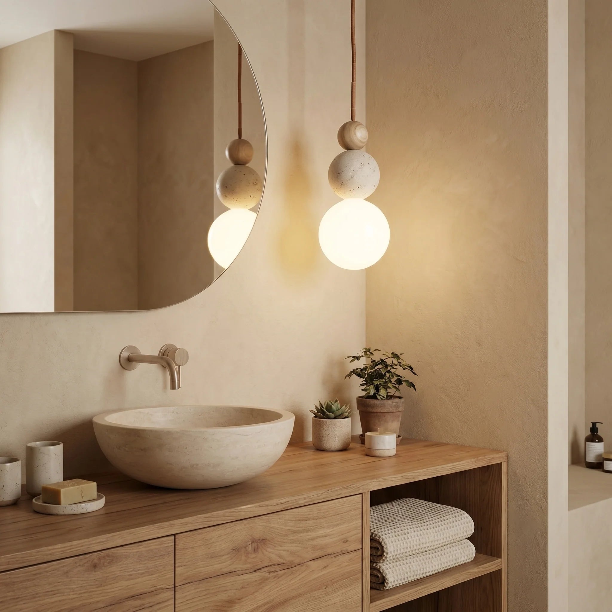 Travertin Pendel Lampe - Tre Stablede Kugler i Skulpturelt Design 6