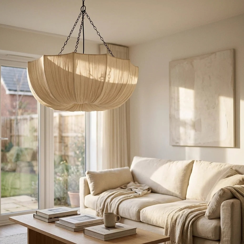U-formet Pendellampe i Rynket Stof – Japansk Wabi Sabi Design 1