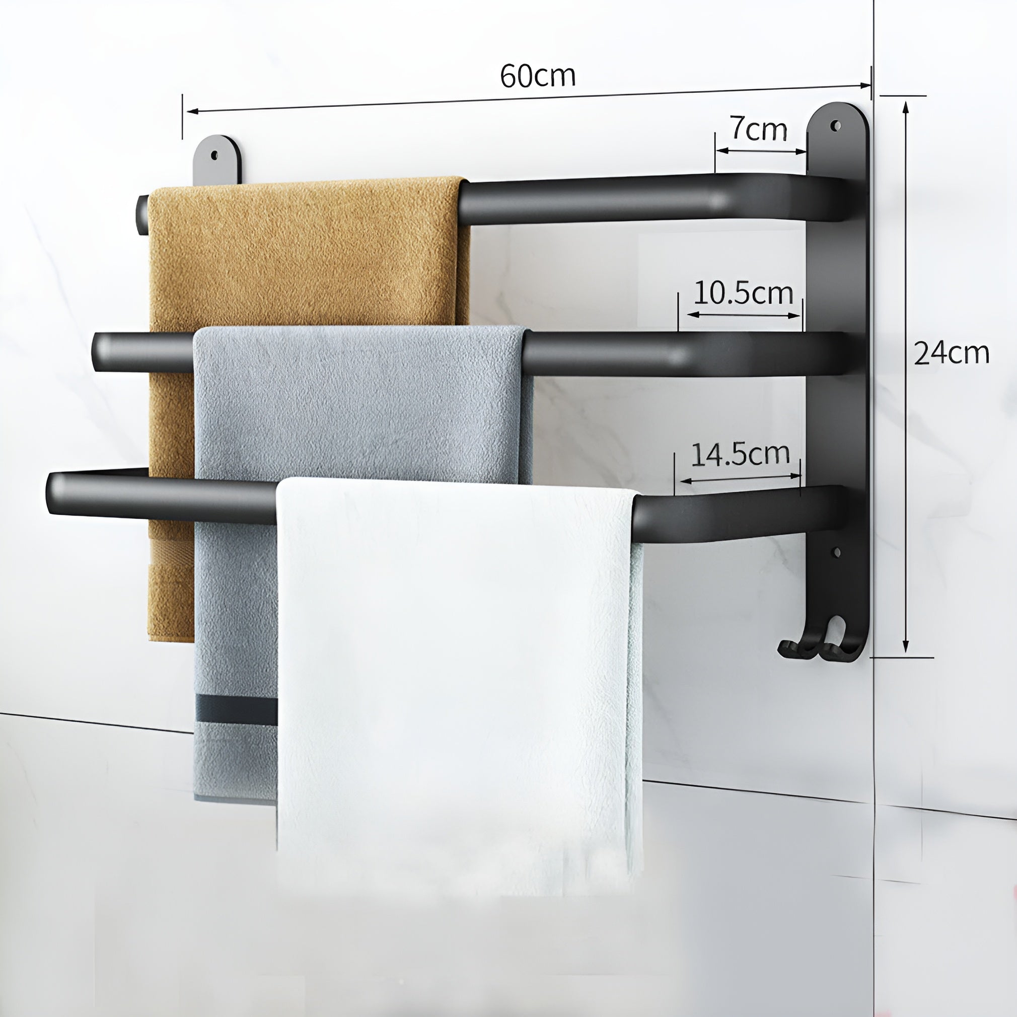 Væghængt håndklædeholder i sort aluminium med 3-lags design til badeværelse 1