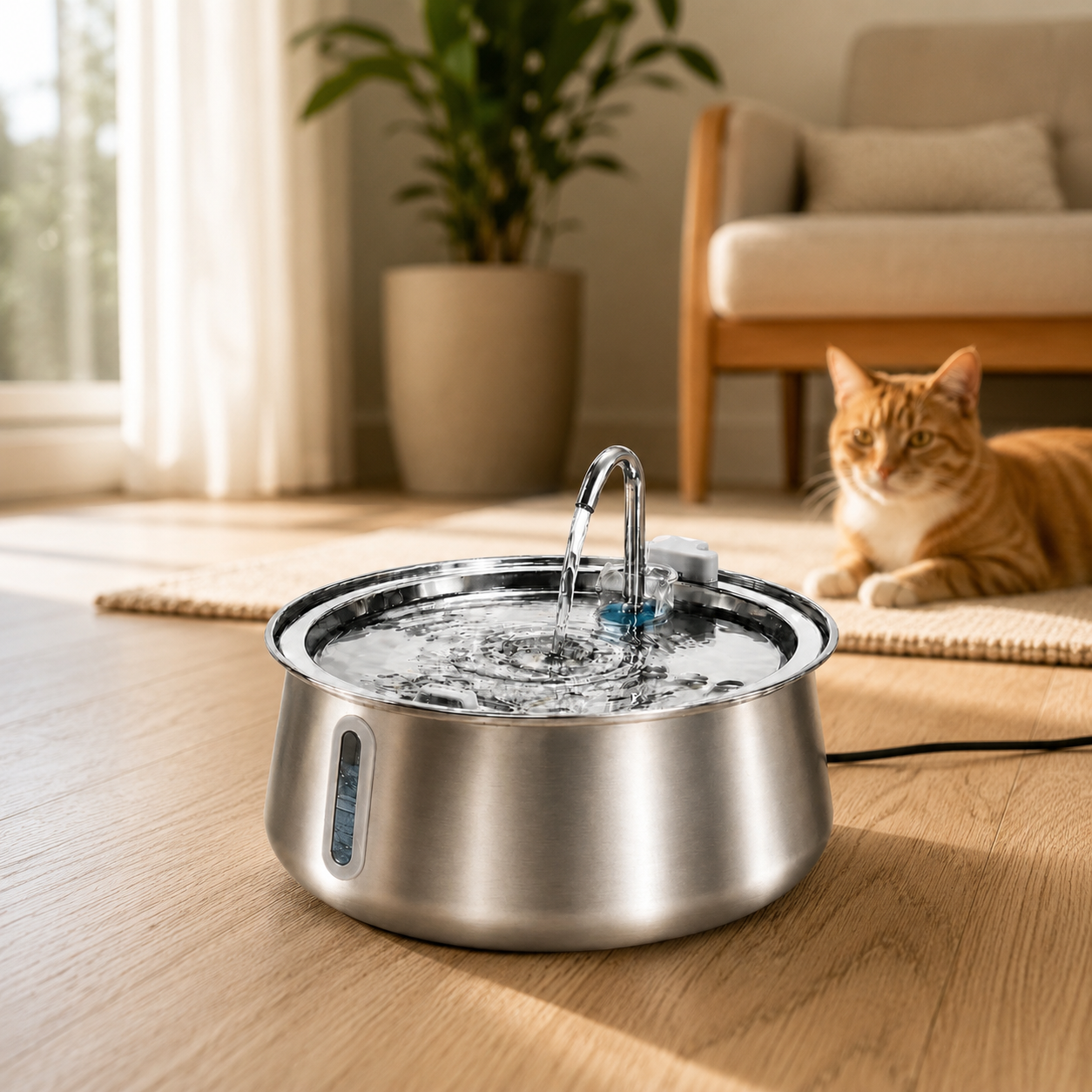 Vandfontæne til Katte i Rustfrit Stål – 4L med Vandstandsvindue 0