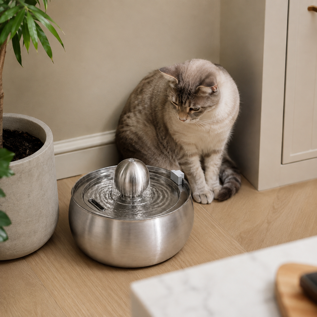 Vandfontæne til katte i rustfrit stål med 4L kapacitet og støjsvag pumpe 0