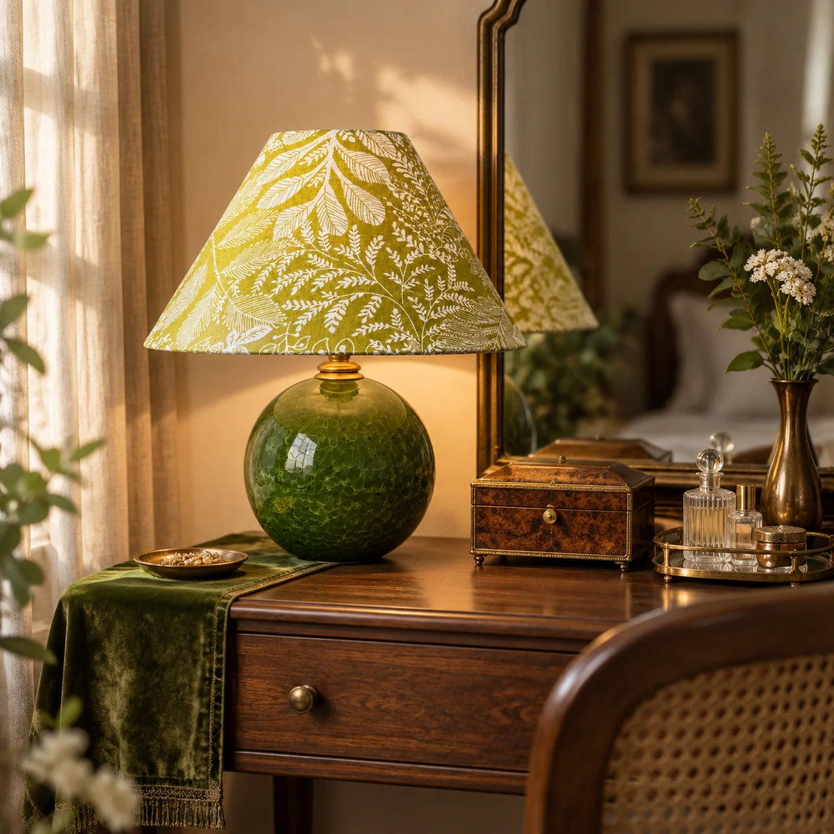 Vintage Bordlampe med Grøn Stofskærm og Keramikfod – Blødt Lys til Indretning 8