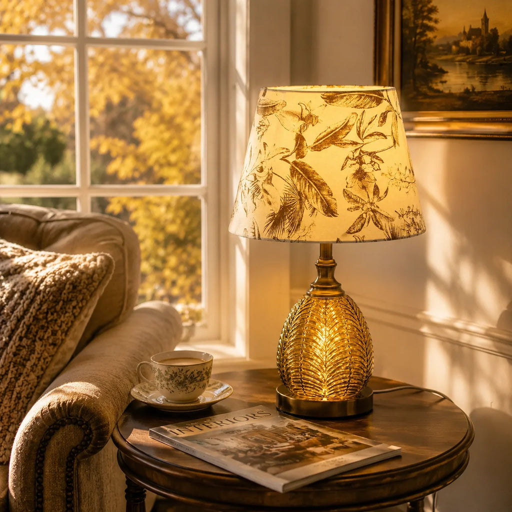 Vintage Bordlampe med Lysende Bladglasbase og Botanisk Stofskærm 4