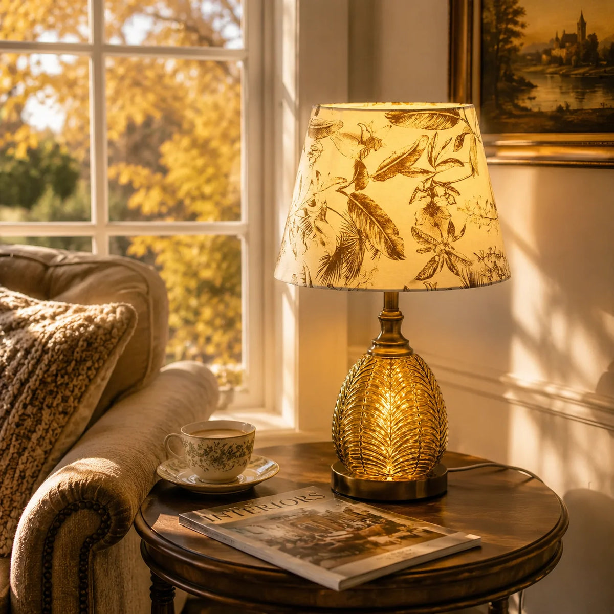 Vintage Bordlampe med Lysende Bladglasbase og Botanisk Stofskærm 4