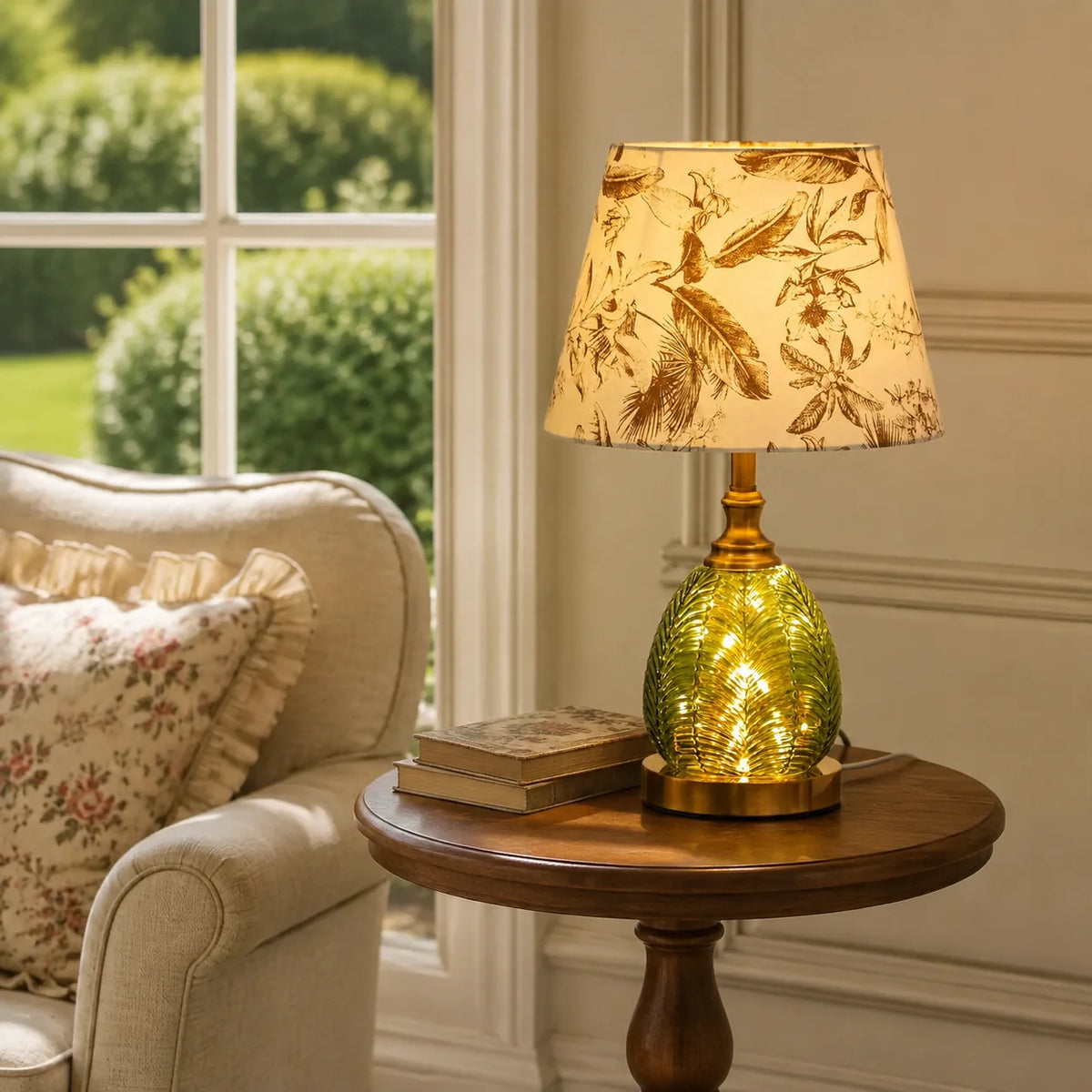 Vintage Bordlampe med Lysende Bladglasbase og Botanisk Stofskærm 6