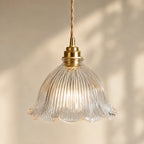 Vintage Glas Pendellampe med Riflet Skærm og Messingtonet Metalbeslag 3
