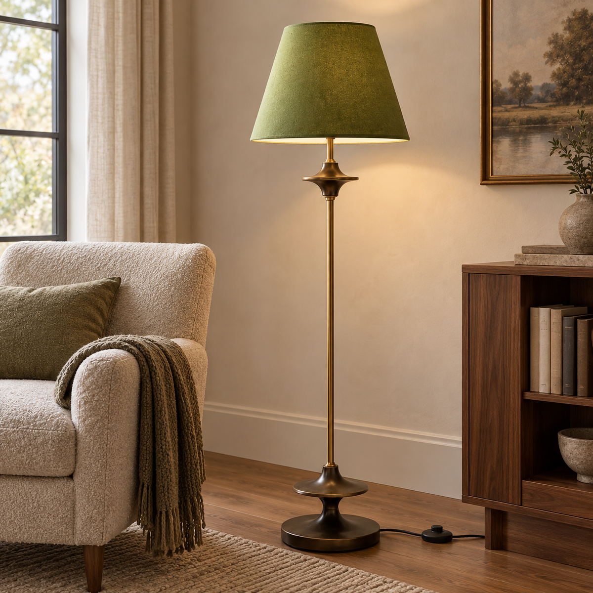 Vintage stof gulvlampe med konisk skærm i klassisk design 0